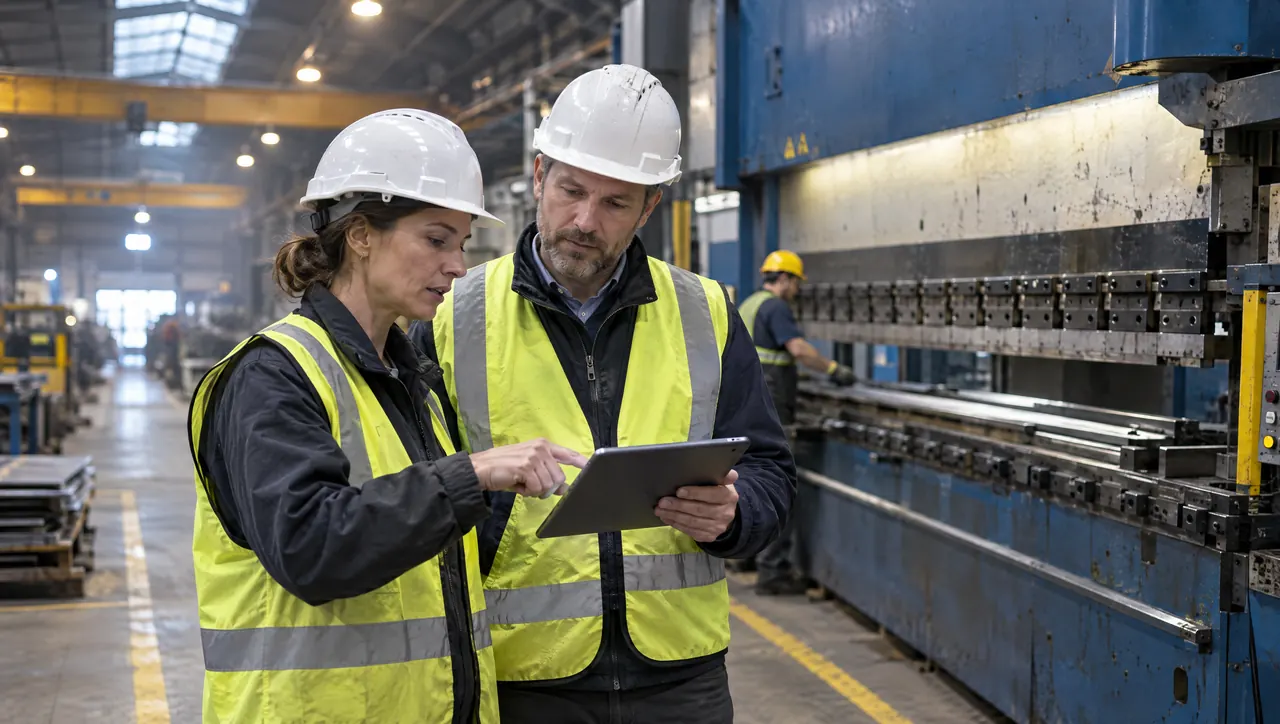 Two consulting engineers in hard hats reviewing data beside a hydraulic press brake