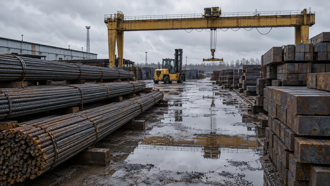 Bundles of steel rebar and billets in a stockyard with a forklift