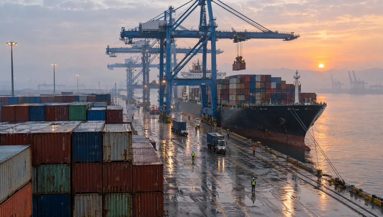 Gantry cranes loading a container ship in a port at dawn