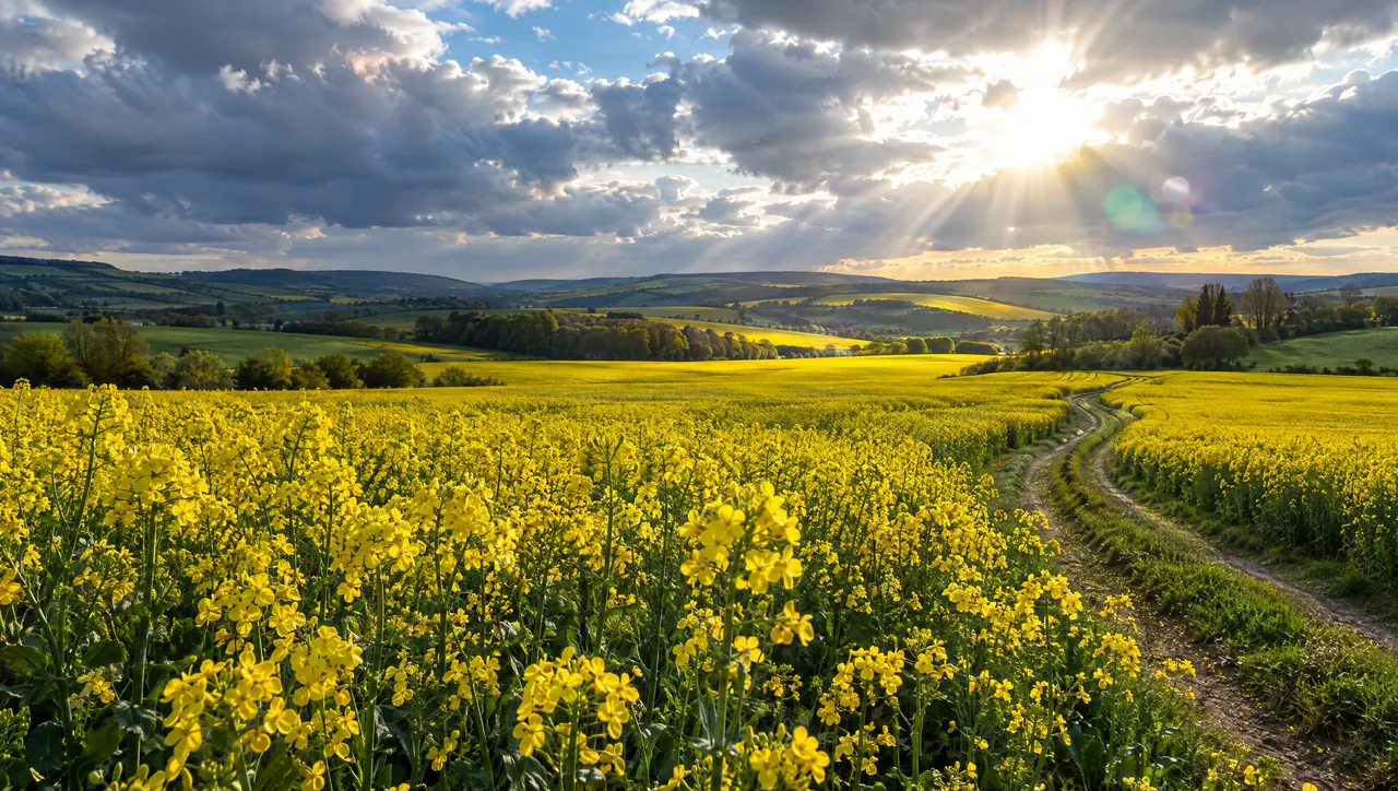 Blooming yellow canola field under a spring sky
