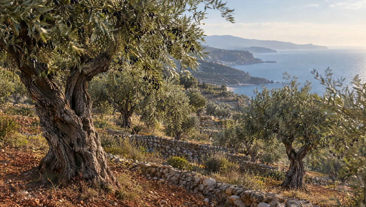 Old olive trees on terraced limestone hillsides above the Mediterranean sea