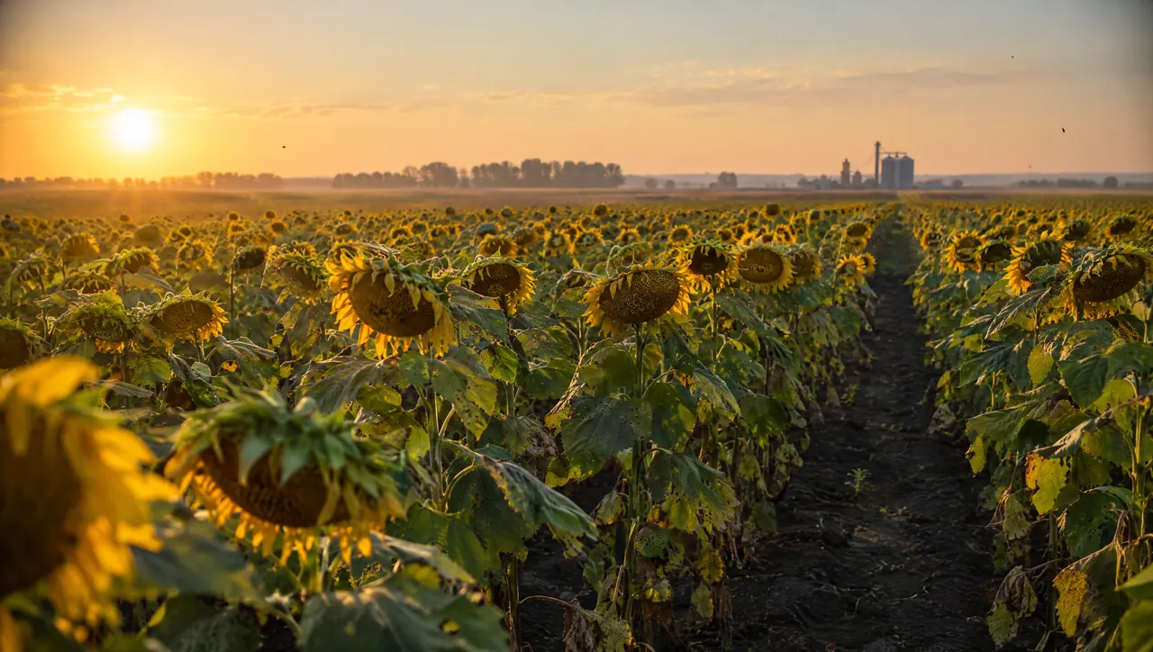 Ripe sunflower field on flat black-soil plains at golden hour