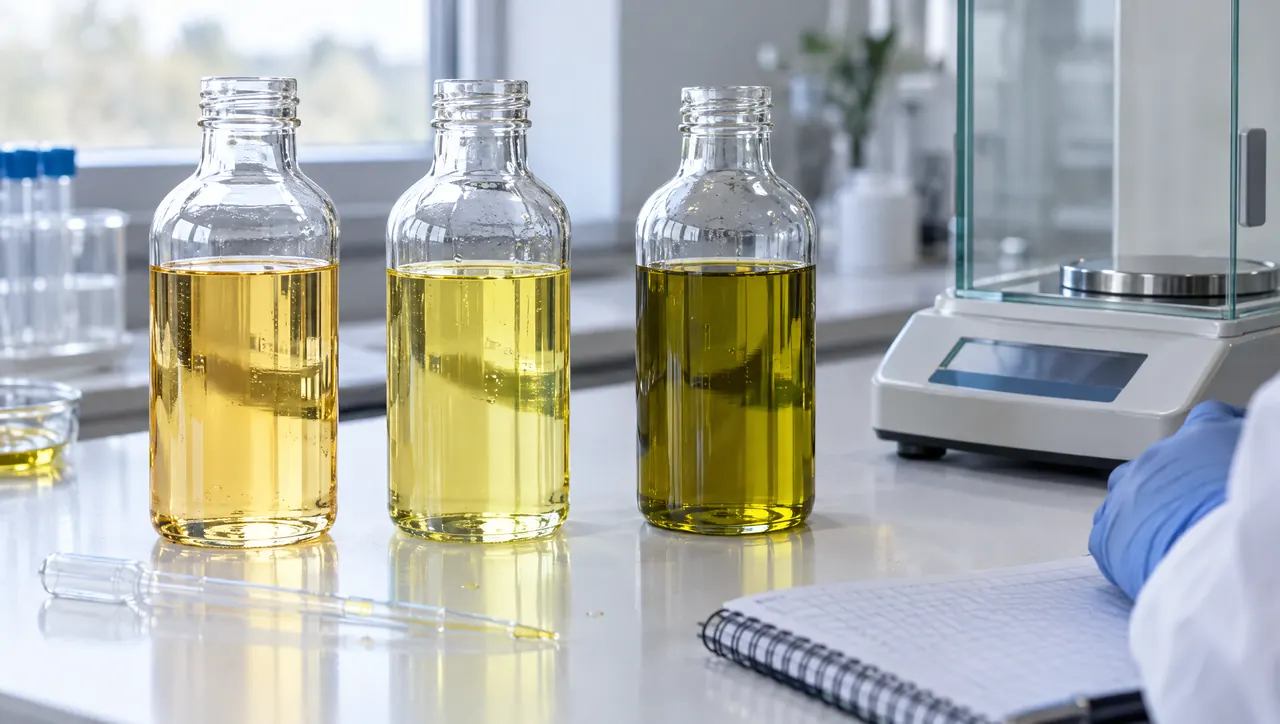 Sunflower, canola and olive oil samples in glass bottles on a quality-control lab bench