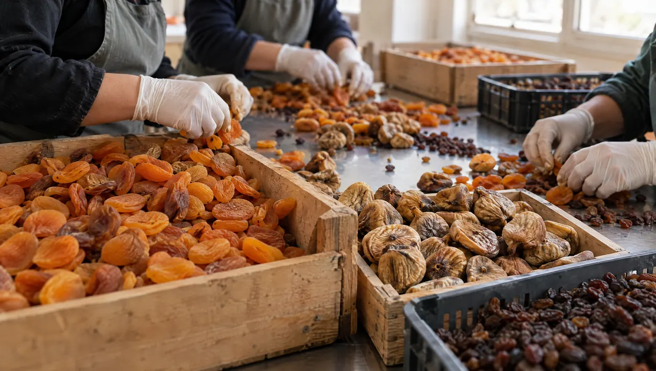 Gloved hands sorting naturally dried apricots, figs and raisins in a packing house